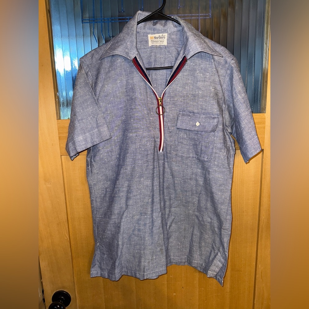 Vtg Marlboro Permanent Press Men’s Shirt 1/2 Zip Short Sleeve Med Blue